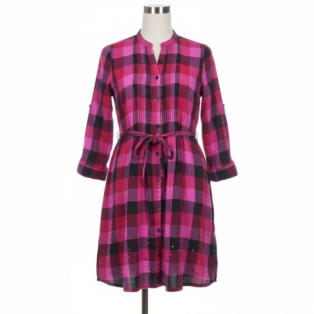 PINKโ Victorias Secret Shirt Dress Hot Pink Flannel Plaid Tunic XS Rhinestone